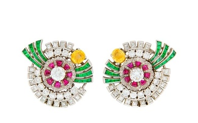 Pair of Platinum, Diamond, Ruby, Emerald and Yellow Sapphire Earclips