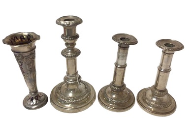 Pair of Sheffield plate telescopic candlesticks and other items.