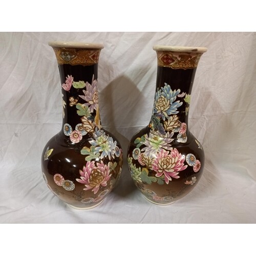 Pair of Vintage Porcelain Baluster Vases with Floral Decorat...