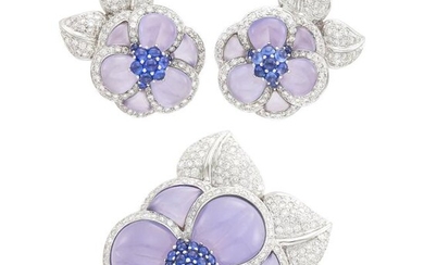 Pair of White Gold, Blue Chalcedony, Cabochon Sapphire and Diamond Flower Earclips and Clip-Brooch