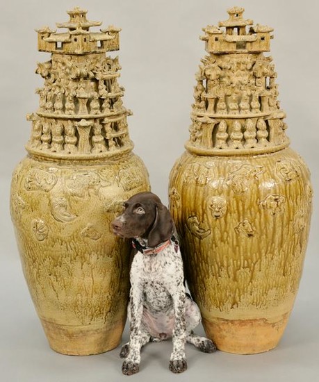 Pair of massive song-style stoneware funerary urns