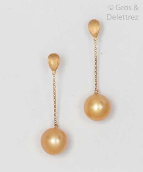 Pair of yellow gold ear pendants, each composed...