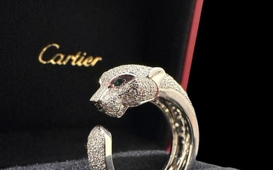 Panthere De Cartier Ring White Gold 2.39TWC Diamonds Emerald Size 7