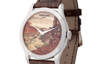 Patek Philippe. Limited Edition Calatrava Grand Canyon Automatic Wristwatch in White Gold, Reference 5089G, With Cloisonnè Wood Marquetry Dial and Certificate of Origin and Booklets.