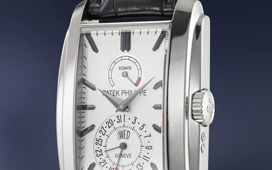 Patek Philippe, Ref. 5200G An attractive and elegant white gold rectangular-shaped wristwatch with subsidiary seconds, day, date, 8-day power reserve indication, certificate of origin and presentation box