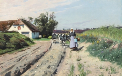 Peder Mønsted: A woman driving cattle a summer's day. Signed and dated P. Mønsted, Sæby 1922. Oil on canvas. 32×48.5 cm.