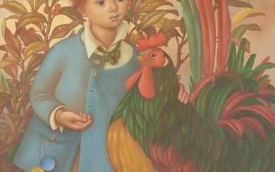 Philippe Henri Noyer O/C Painting, Boy w/ Rooster