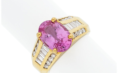 Pink Sapphire, Diamond, Gold Ring Stones: Full and baguette-cut...