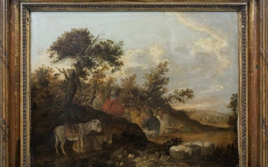 Pittore fiammingo del XVIII secolo, Il riposo, olio su tela, cm. 51x64,5, entro cornice.