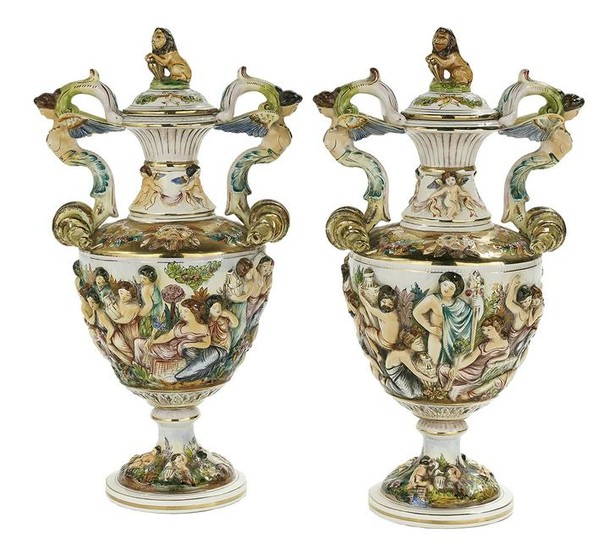 Pr of Italian R. Capodimonte Pottery Covered Urns