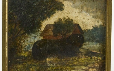 Primitive Painting of a Dog in Landscape