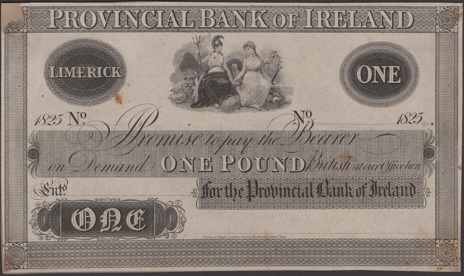 Provincial Bank of Ireland, proof on thin paper for £1, Limerick, 1825,...
