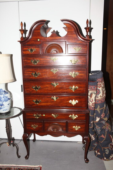 QUEEN ANNE/CHIPPENDALE STYLE CARVED MAHOGANY HIGHBOY. Upper section has broken...