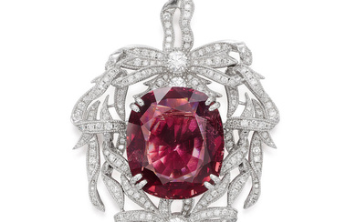 RED SPINEL AND DIAMOND BROOCH/ PENDANT
