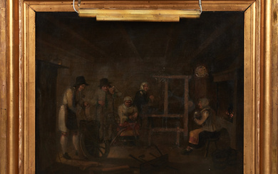 ROYAL CLOCKWORK, executed by Johan Gabriel Pettersson (1788—1851), “Dalkarliens Interieur”, signed J.G Pettersson Göteborg, oil on panel, label marked on verso with Queen Desideria's owner's monogram.