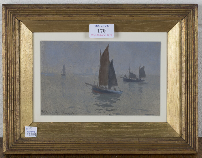 Reginald Jones - Sailing Boats in Calm Waters, watercolour, signed, 11cm x 18cm, within a gilt oak f