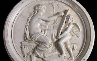 Relief-Ofenkachel in Medallionform / A relief medallion stove tile with Venus and a cupid, um...