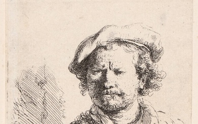 Rembrandt van Rijn (1606-1669). Self-portrait in a flat cap and...