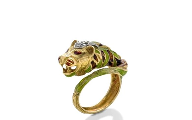Ring with lion head in yellow gold and polychrome enamels