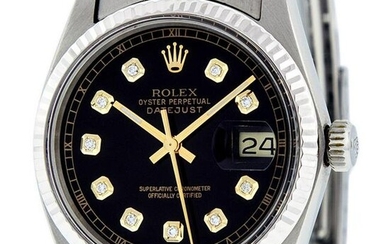 Rolex Mens Stainless Steel 36MM Black Diamond Datejust Wristwatch