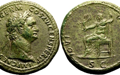 Roman Empire Domitian AD 90-91 Æ Sestertius About Extremely Fine; spectacular light green patina