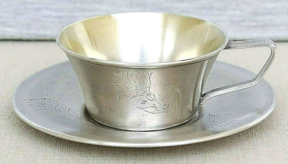 Russian USSR old gilt silver 875 coffee cup and saucer, 132gr., signed, Moscow, 1973