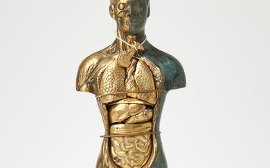 SCULPTURE, anatomical figure, contemporary, green patinated and gilt bronze, R+R Sweden.