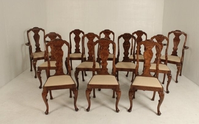SET OF 12 ENGLISH QUEEN ANNE WALNUT DINING CHAIRS