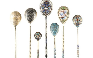 SEVEN SILVER, CLOISONNE ENAMEL AND NIELLO SPOONS Russian