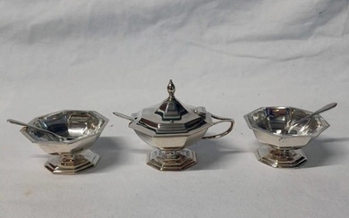 SILVER 3 PIECE OCTAGONAL CRUET SET WITH CLEAR GLASS LINERS ,...