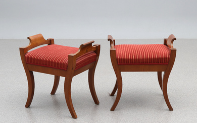 STOOLS, A PAIR. Mahogany with textile upholstery. Karl Johan-style, early 20th century.