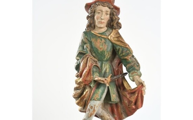 SUJET en bois sculpté probablement du chêne à belle polychromie représentant Saint Martin découpant un...