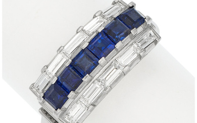 Sapphire, Diamond, Platinum Ring Stones: Square-shaped sapphires weighing a...