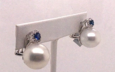Sapphire Diamond South Sea Pearl Earrings 0.84 Carat 18 Karat White Gold