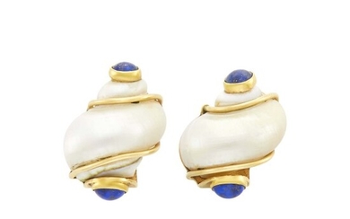Seaman Schepps Pair of Gold, Shell and Lapis Earclips