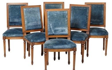 Set of Six Louis XVI Style Carved Walnut Dining Chairs, 20th c., H.- 36 in., W.- 20 in., D.- 18 in.