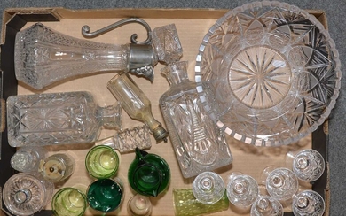 Set of six Webb Corbett sherry glasses, cut glass fruit bowl, decanters, and other glasswares.
