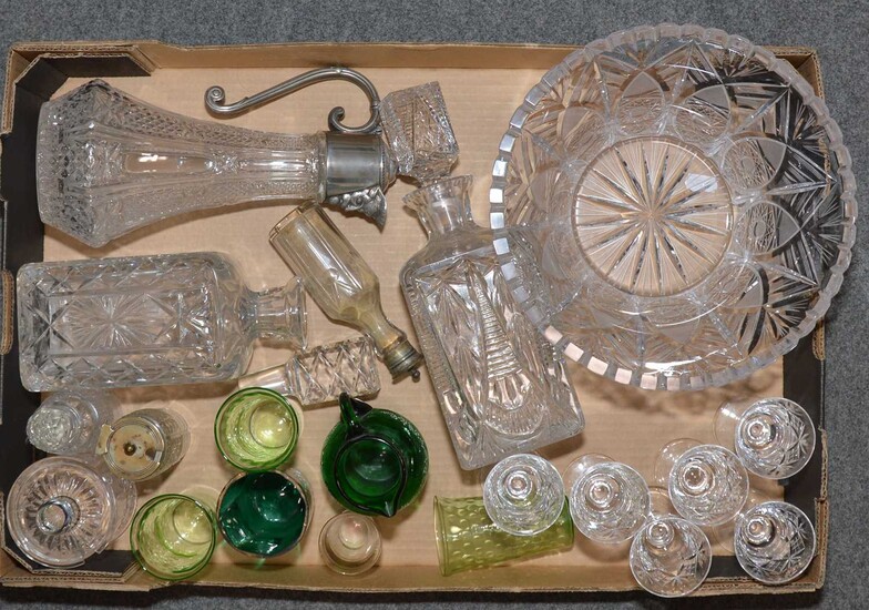 Set of six Webb Corbett sherry glasses, cut glass fruit bowl, decanters, and other glasswares.