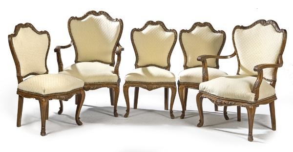 Set of two armchairs and three Louis XV style chairs