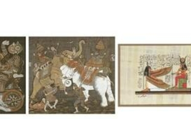 Seven pictures including three Thai paintings on silk