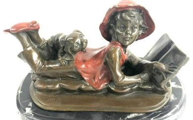 Signed Bronze Sculpture, Little Girl With Puppy