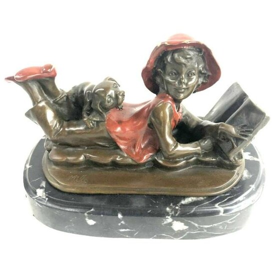 Signed Bronze Sculpture, Little Girl With Puppy