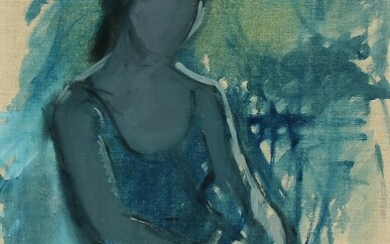SOLD. Sigurd Valdemar Lønholdt: Portrait of a woman in shades of blue. Signed S.V.L and on the reverse dedicated and dated 21/6-69. Oil on canvas. 77 x 55 cm. – Bruun Rasmussen Auctioneers of Fine Art