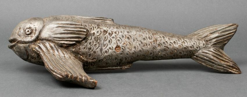 Silver Painted Folk Art Cared Wood Fish Sculpture