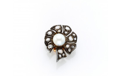 Silver and 12K gold earring with irregular rose cut diamonds centering a mm 8.50 circa pearl g 6.91 circa, length...