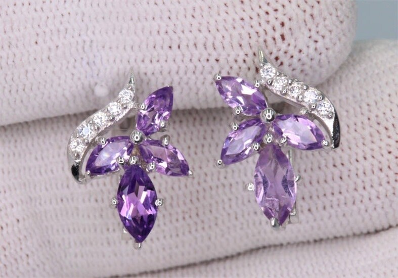 Silver earrings with natural Bolivian amethysts and zircons
