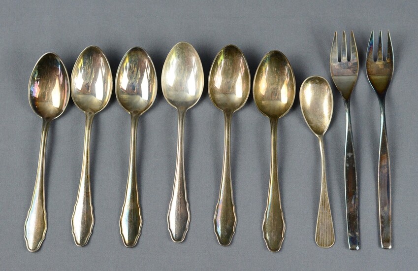 Silver set, 7 pieces, consisting of 6 matching coffee spoons, silver 800, two cake forks, WMF, silv
