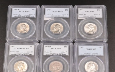 Six PCGS Graded Uncirculated and Proof Washington Silver Quarters