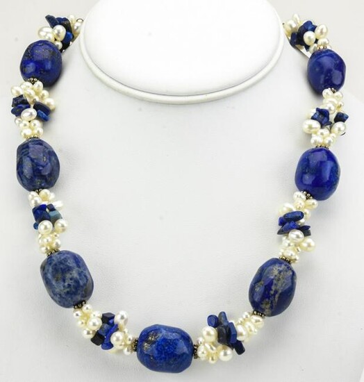Sterling Lapis Lazuli & Baroque Pearl Necklace