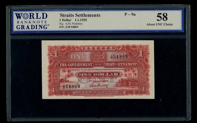 Straits Settlements, $1, 1.1.1925, serial number J/38 54869, (Pick 9a)